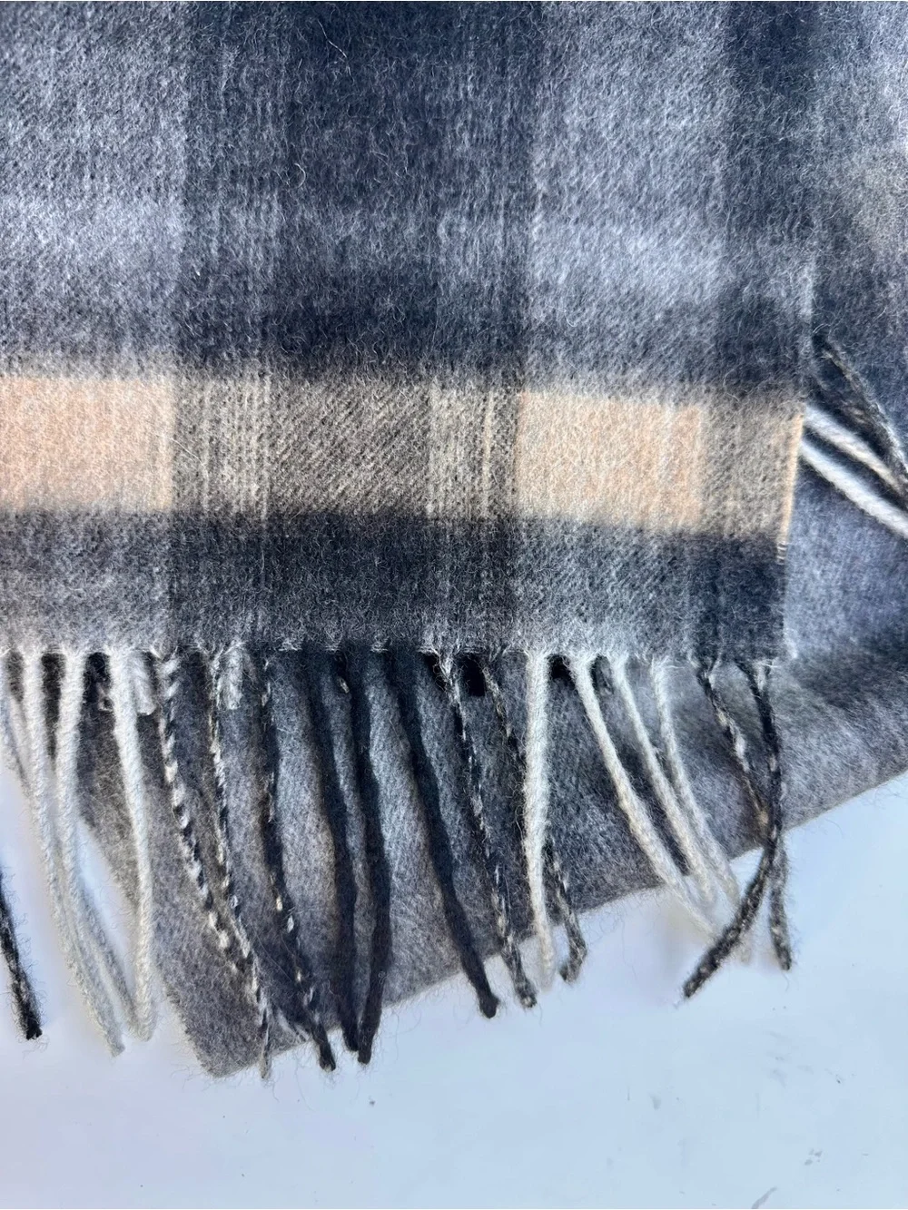 100% Cashmere Cozy Plaid Fringe Scarf in Gray, Black, and Cream
